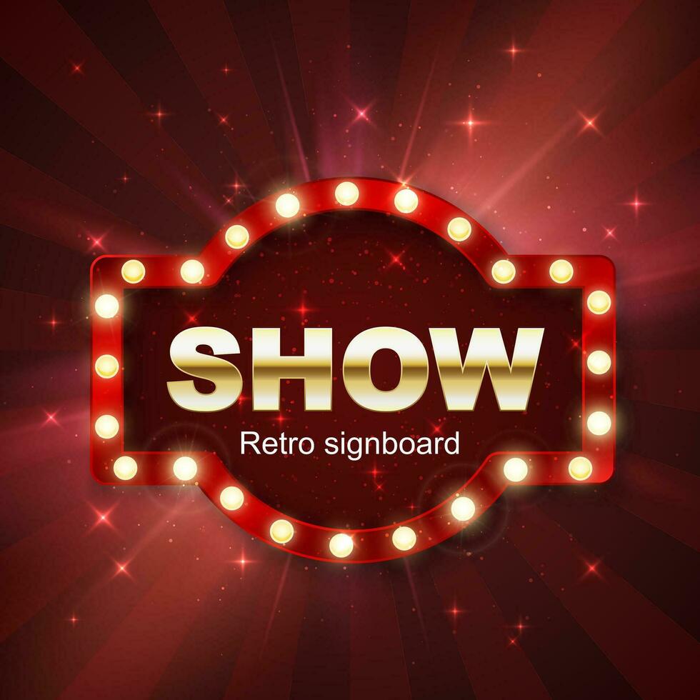 Jackpot casino winner. Show banner retro signboard on red background with light. Vector illustration