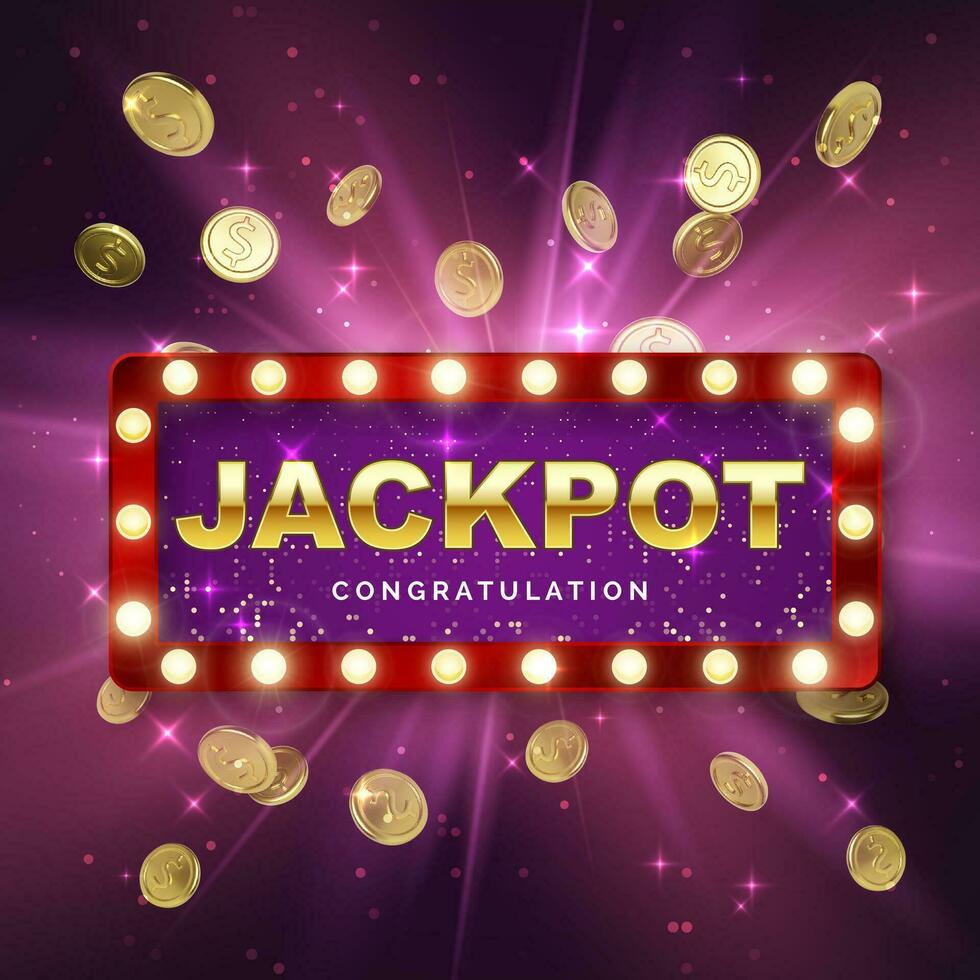 Jackpot casino winner on purple background with light rays. Big win banner. Retro signboard with falling gold coins. Vector illustration