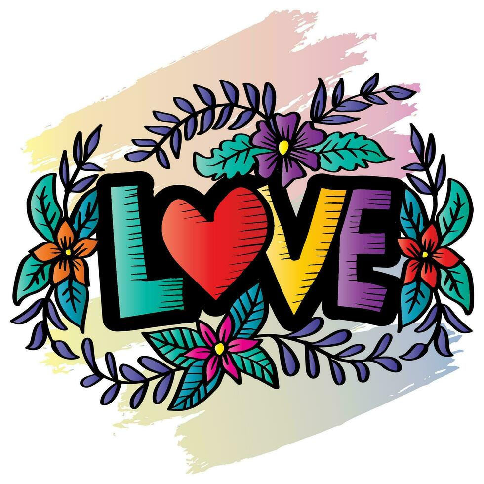 amor palabra mano letras con floral ornamento. vector