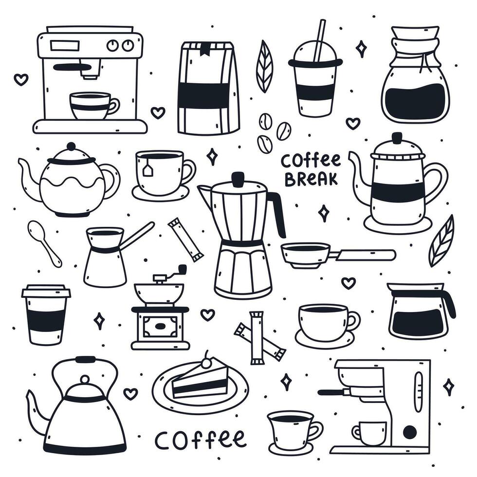 Cute doodle cartoon coffee shop icons vector