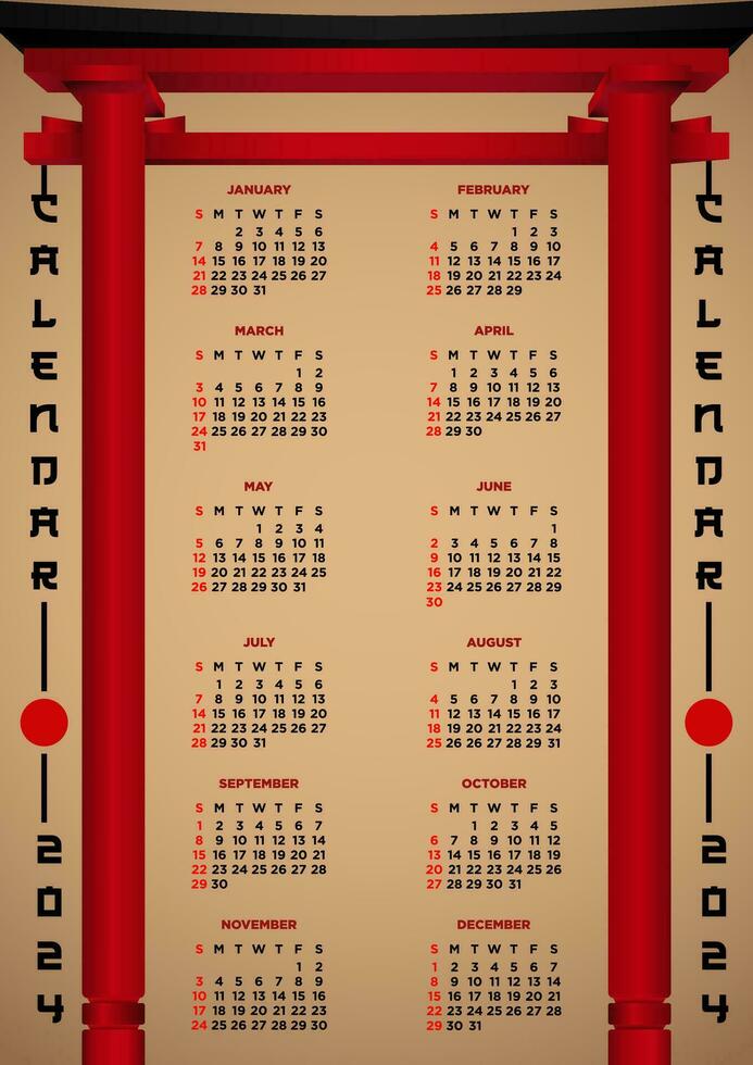 Vector Template Calendar 2024 Japanese Wave Themes 35058456 Vector Art