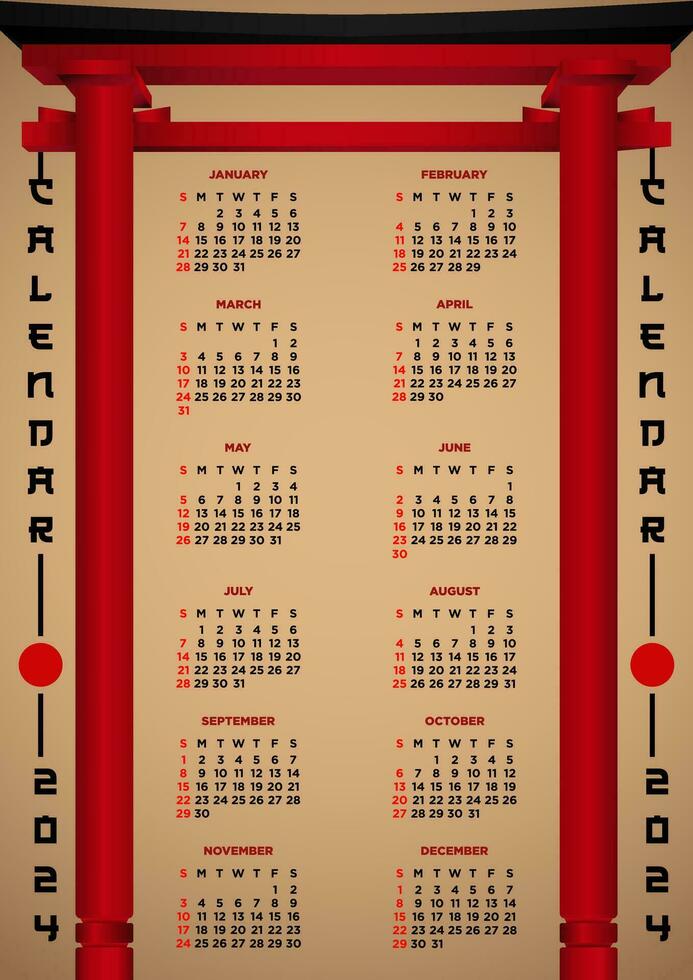 vector modelo calendario 2024 japonés ola temas