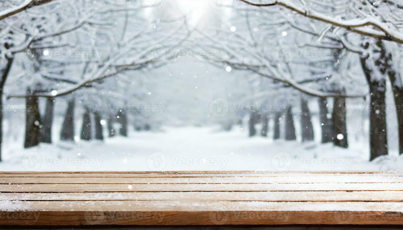 AI generated Winter background and wooden table. Beautiful winter scene. photo