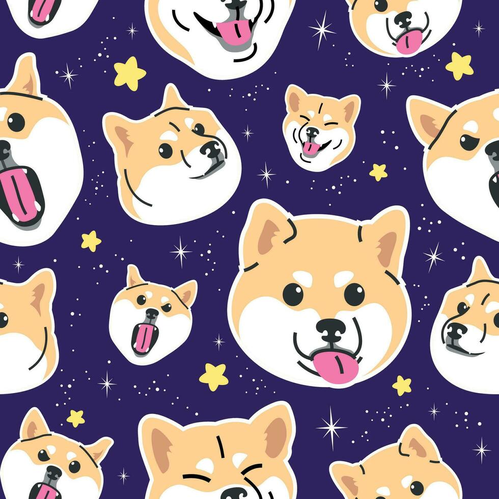 FUNNY SHIBA INU WITH SOME DIFFERENT EXPRESSIONS IN THE SPACE BACKGROUND. FLAT PATTERN DESIGN vector