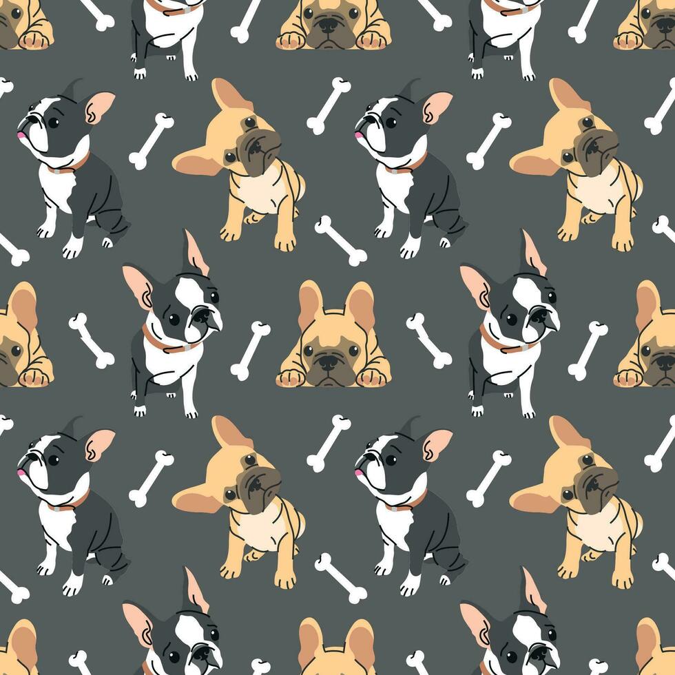 CUTE BLACK AND BROWN FRENCH BULLDOG PUPPY WITH BONES IN BLACK BACKGROUND SEAMLESS PATTERN DESIGN. vector