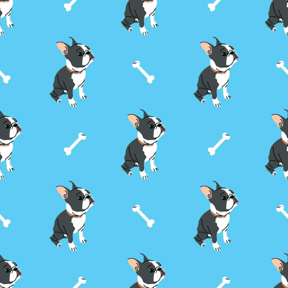 Cute black white french bulldog puppy with bones seamless pattern background vector