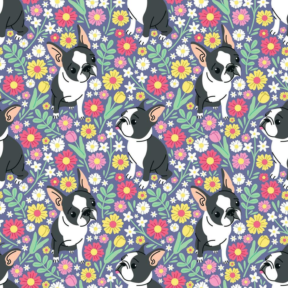 CUTE FRENCH BULLDOG WITH FUNNY FACE IN FLORAL BACKGROUND. FLAT SEAMLESS PATTERN. vector