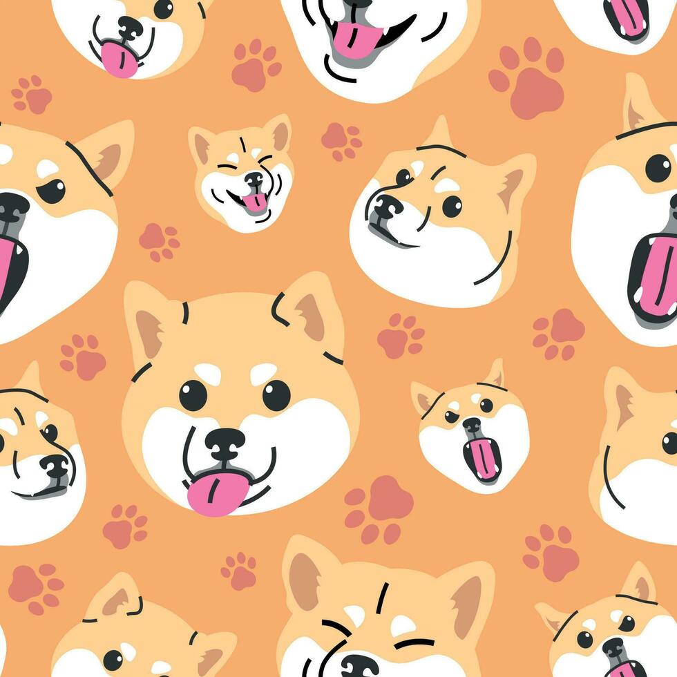 FUNNY SHIBA INU WITH SOME DIFFERENT EXPRESSIONS IN THE ORANGE COLOUR BACKGROUND. FLAT PATTERN DESIGN vector