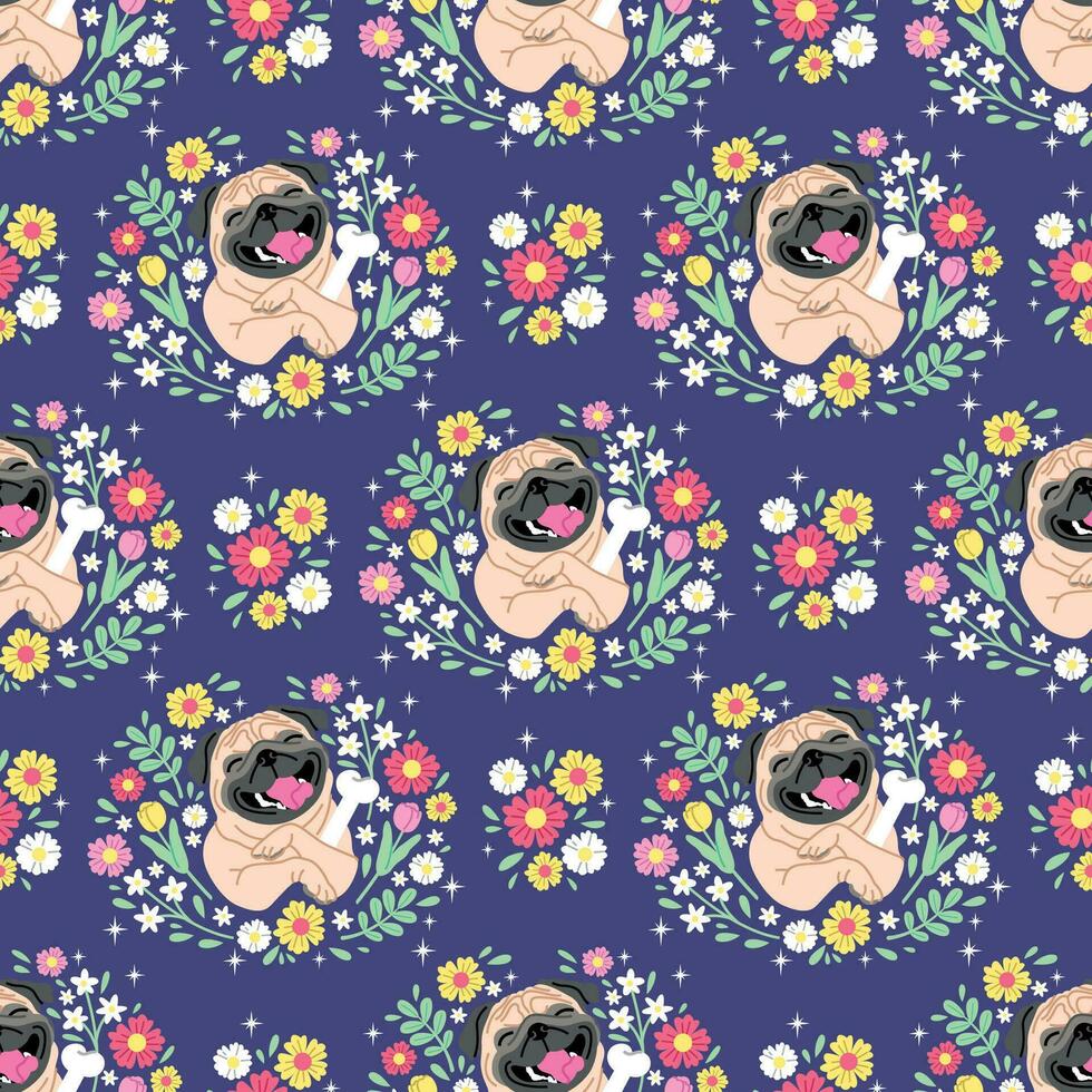 CUTE FACE PUG DOG WITH BEAUTIFUL FLORAL FLAT SEAMLESS PATTERN. vector