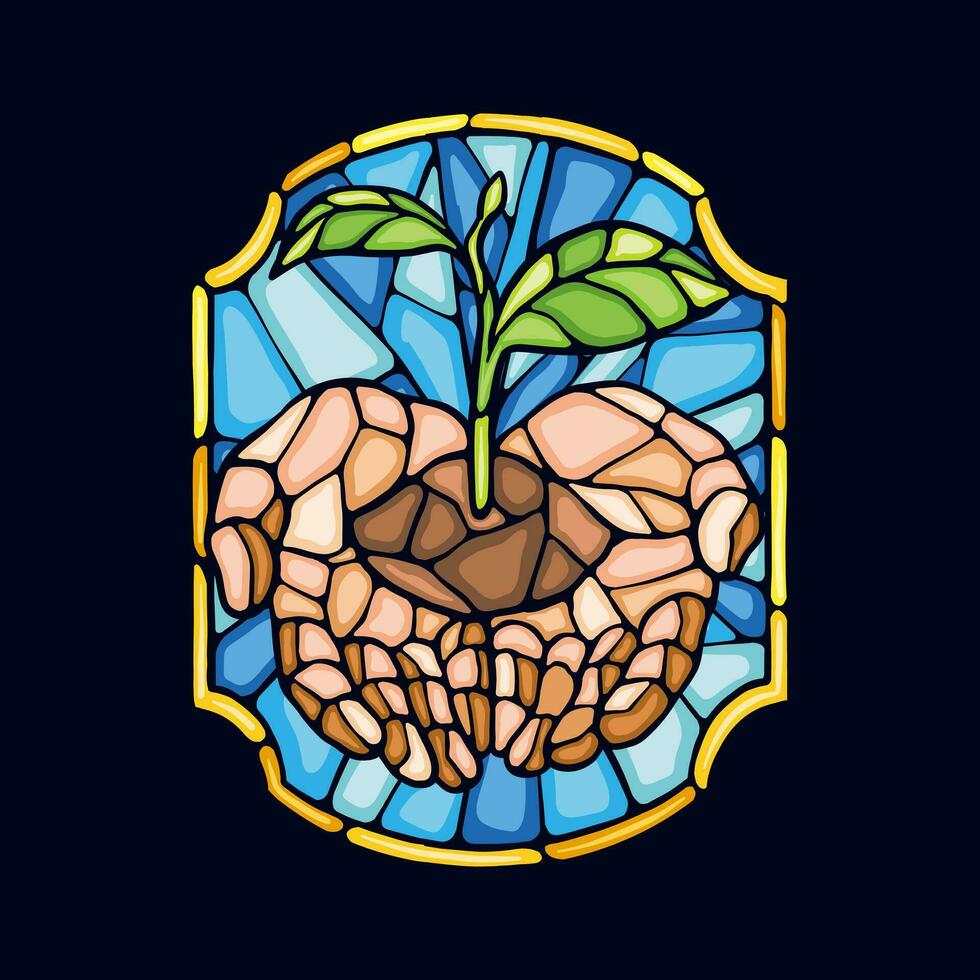 vector ilustración de manos que lleva planta semillas en manchado vaso estilo