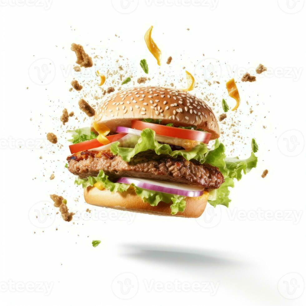 ai generado hamburguesa en el aire en blanco fondo, ai-generativo foto