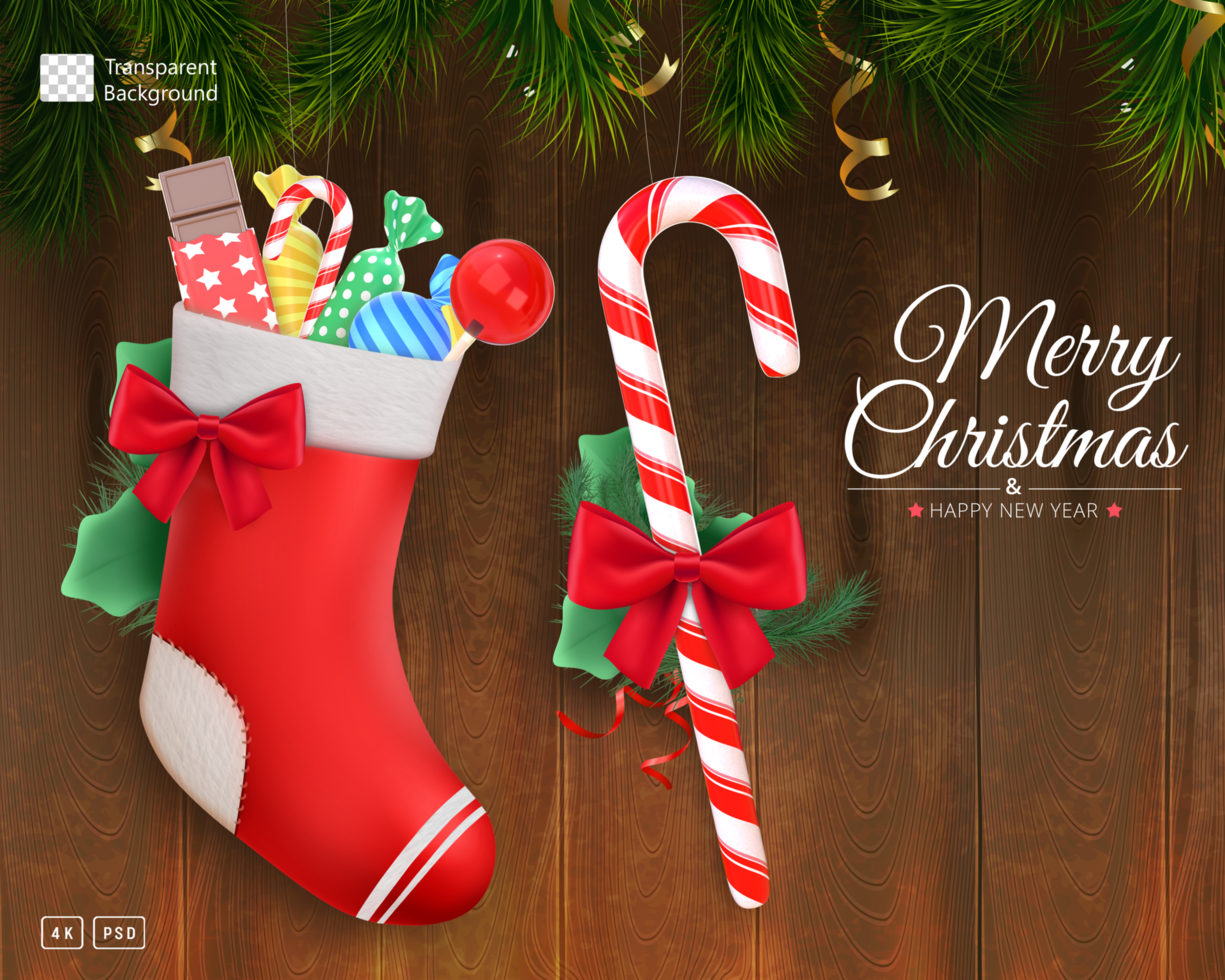 Merry Christmas Template With 3D Rendering Red Christmas Stocking With Gifts And Christmas Candy Cane psd