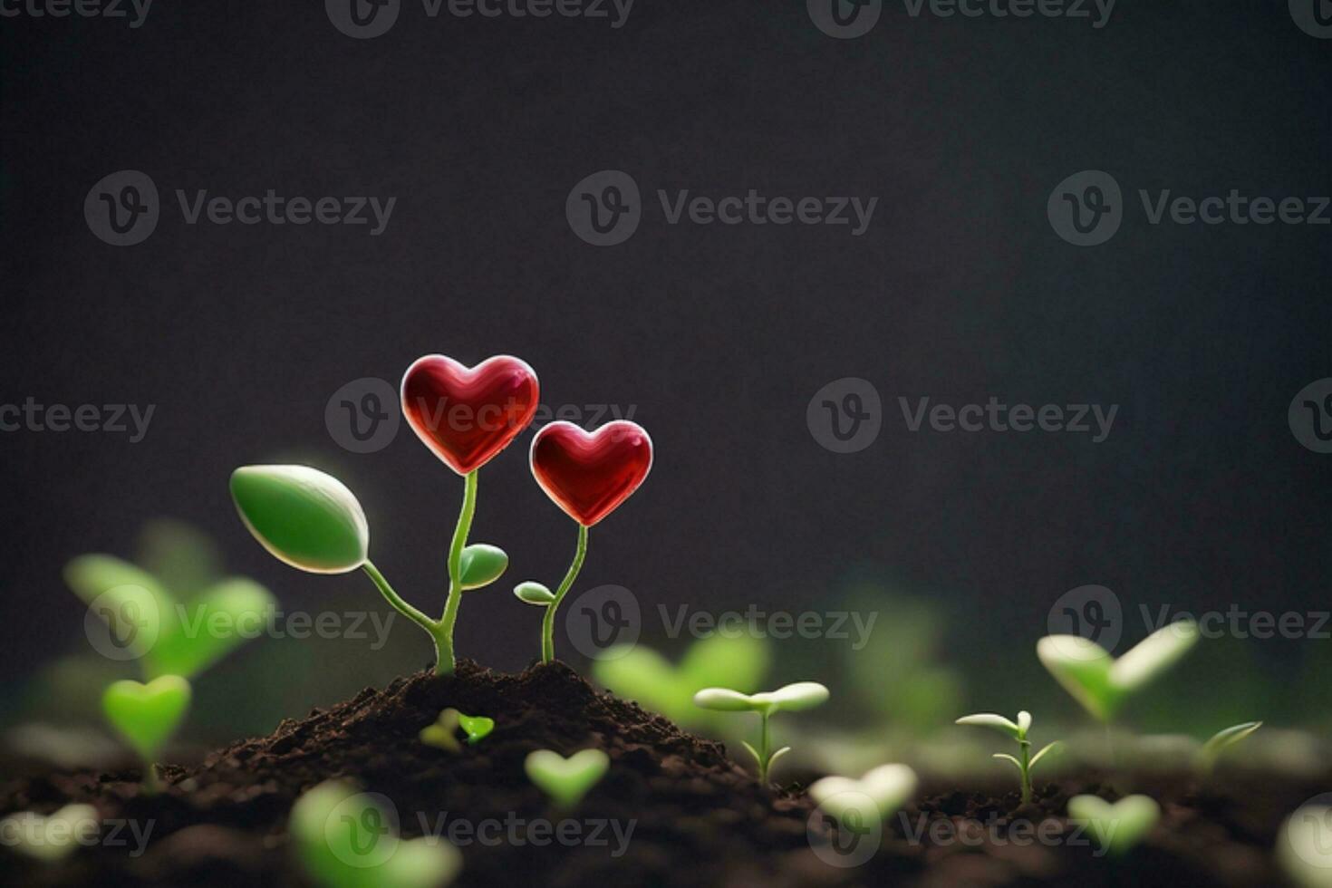 AI generated two little cute red heart plant on black background photo