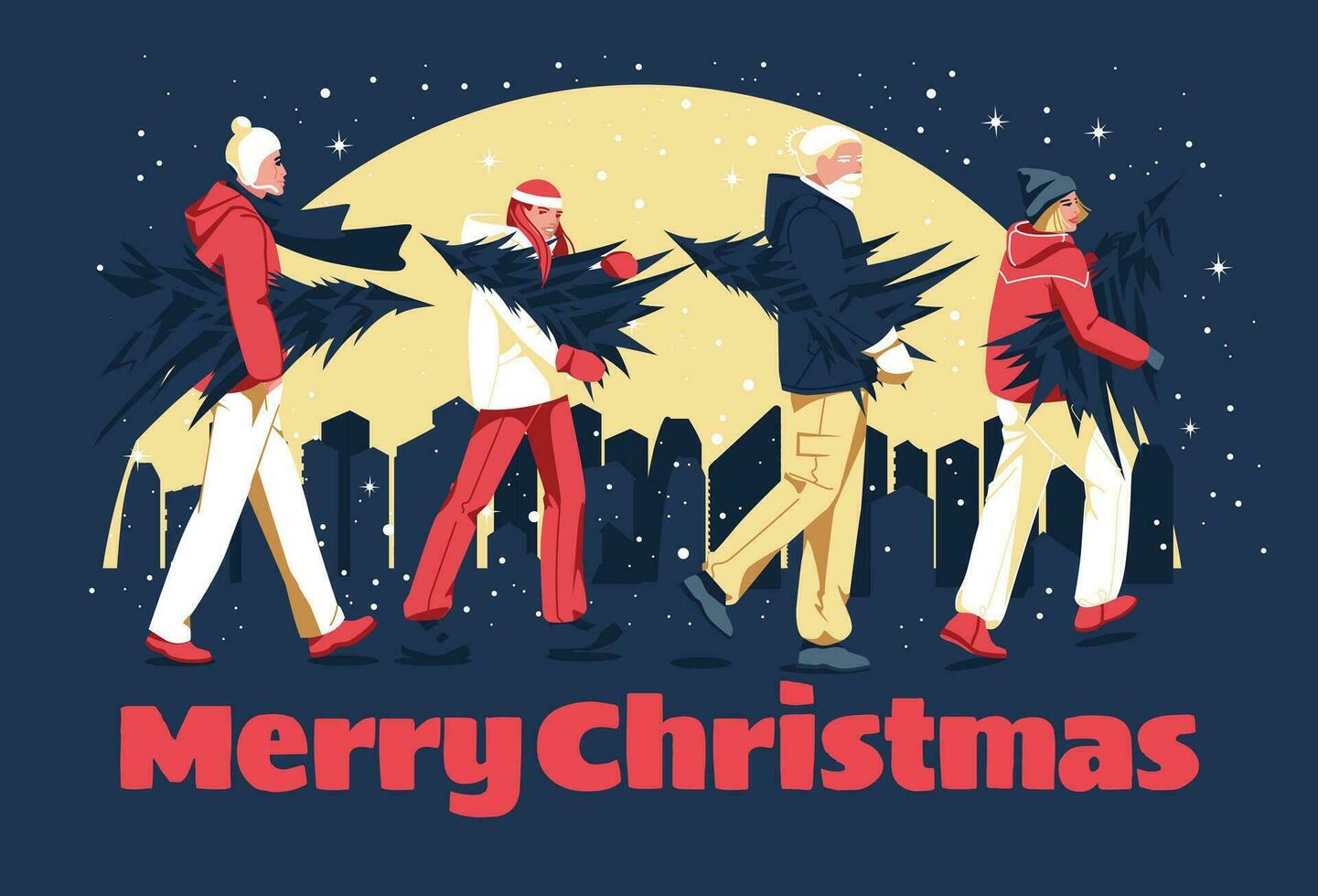 cuatro diferente personas llevar Navidad arboles en contra el antecedentes de un oscuro ciudad. saludo tarjeta. celebrar el nuevo año. vector plano ilustración