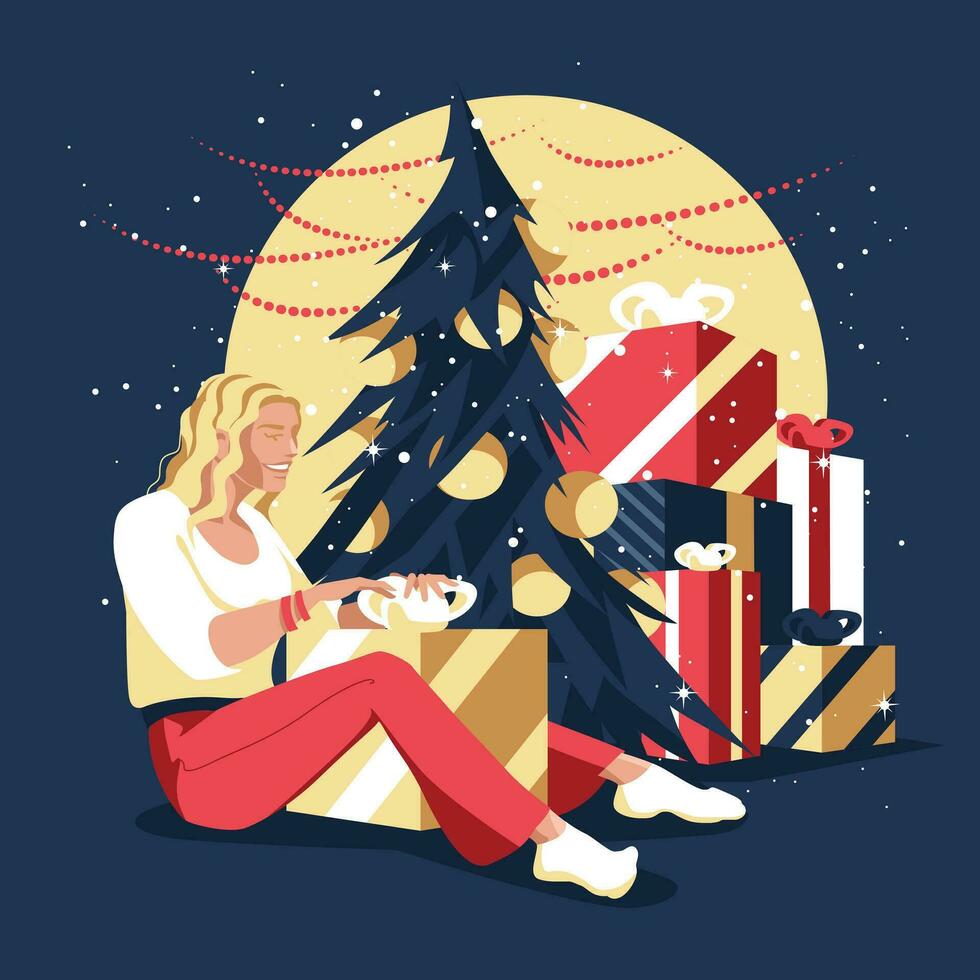 Young woman opening or wrapping gifts under the Christmas tree. New year celebrate concept. Greeting card. Vector flat help