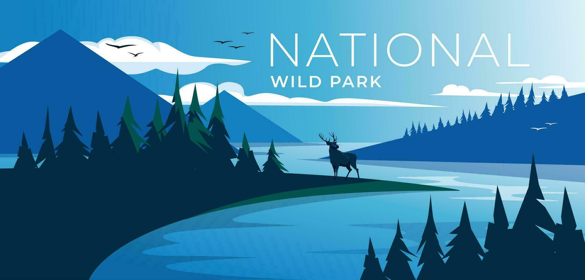 río entre pino montañas a azul puesta de sol. salvaje ciervo silueta. agua reflexión. pacífico paisaje vector ilustración. natural animal parque.