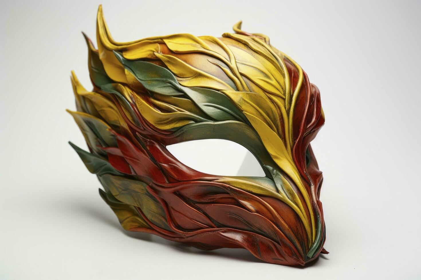AI generated Brown red, green, and yellow feathered masquerade masks on the white background. photo
