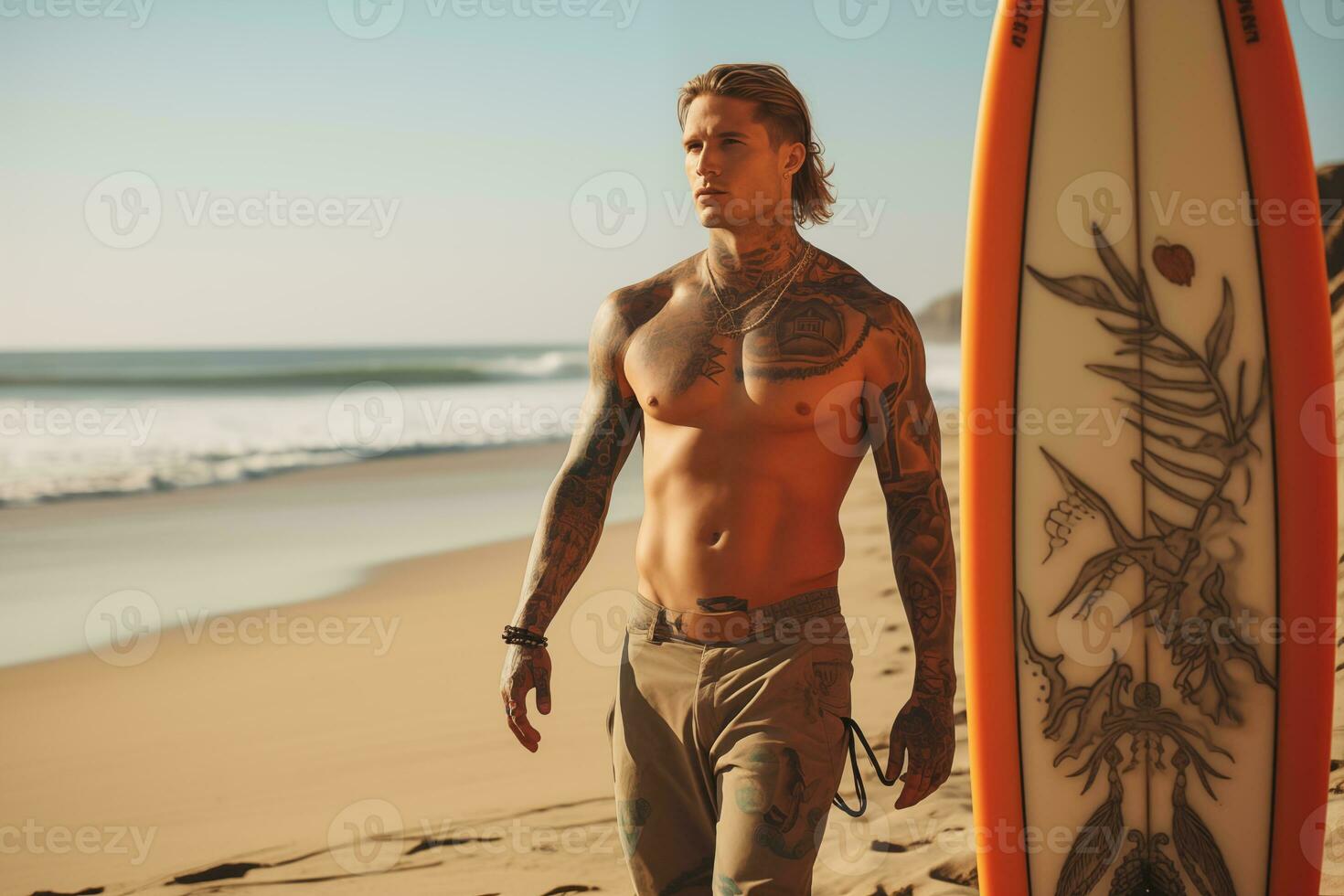 AI generated Beautiful male surfer with surfboard on the sandy beach. Water sports. Healthy Active Lifestyle. Surfing. Extreme Sport. photo