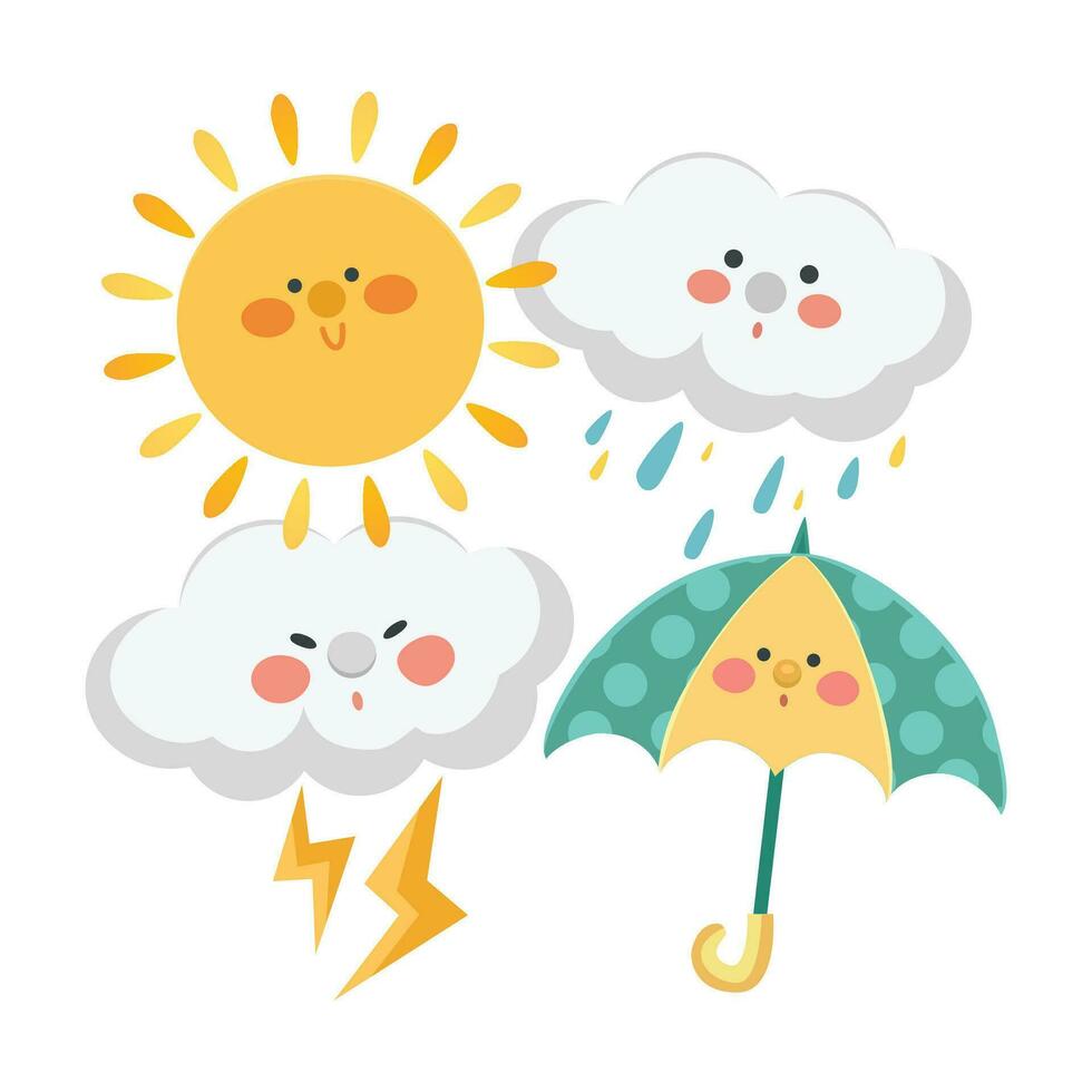 Illustration of the funny cloud, umbrella and sun. Seasonal weather image vector