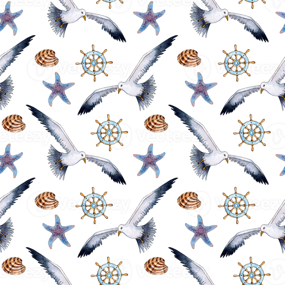 Watercolor illustration pattern seagull, helm, shell and starfish. Seamless repeating print of stylized seagulls. Sea life, flying birds. Isolated png