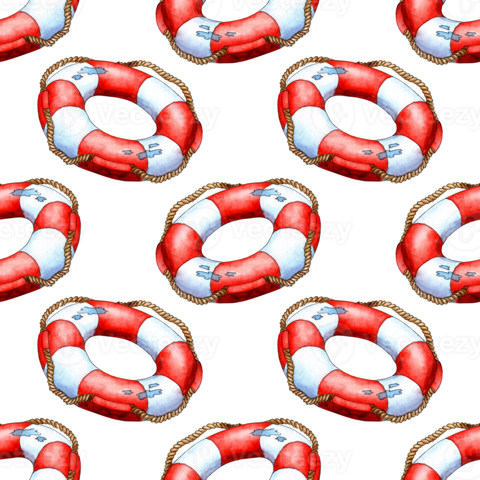 Watercolor illustration pattern of a red and white life buoy with ropes on it. Funds to help the drowning. Rescue device for holding a person on the surface of the water. Isolated png