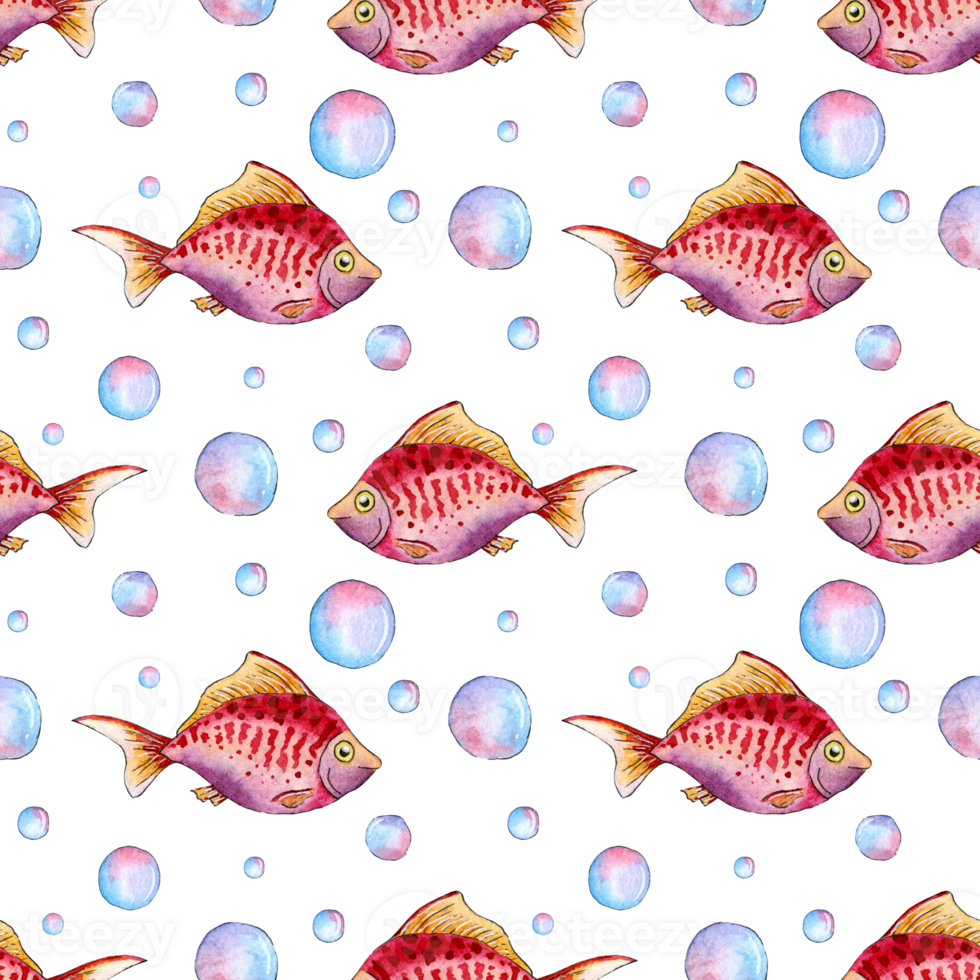 watercolor illustration pattern of small red fish with and bubbles. Seamless repeating print of an aquarium fish. Sea life. Home pet. Isolated . Drawn by hand. png