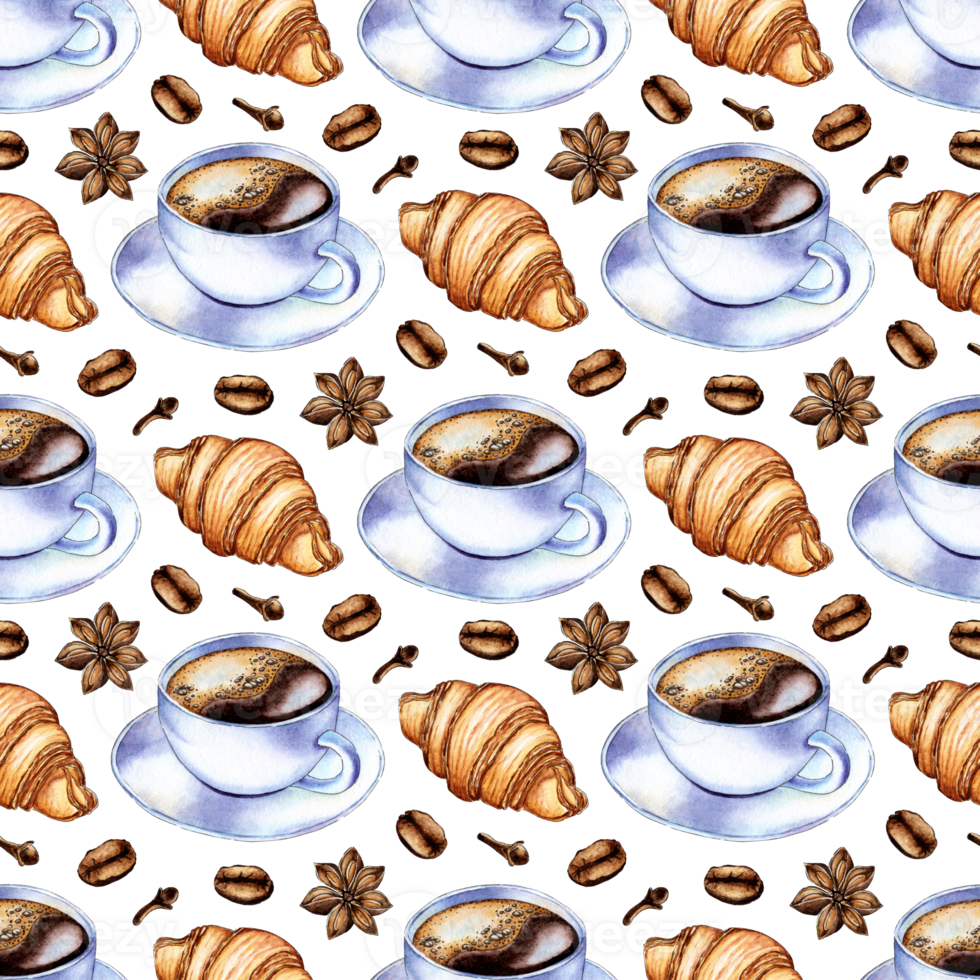 Watercolor illustration pattern of a cup of coffee and a croissant. Coffee in a white cup with foam. Black coffee or cappuccino. Hot drink for breakfast. Refreshing drink. Isolated png