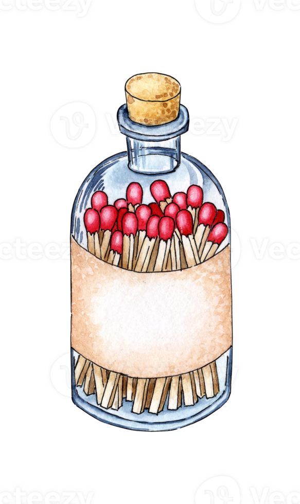 Watercolor illustration glass bottle with handmade matches. Get the flame. Light the fire. Burnt wooden stick. Hand drawn doodles. Isolated . Drawn by hand. png