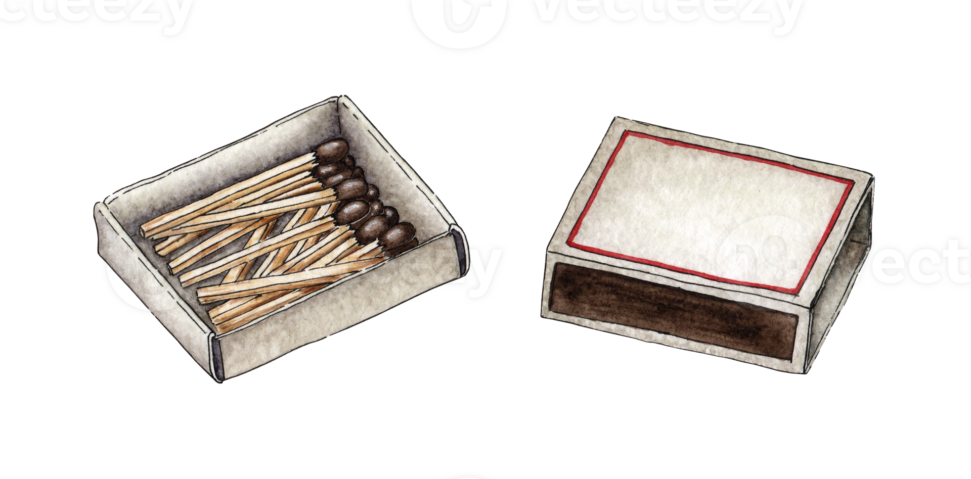 Watercolor illustration of an open matchbox full of red matches. Get the flame. Light the fire. Burnt wooden stick. Hand drawn doodles. Isolated. Drawn by hand. png