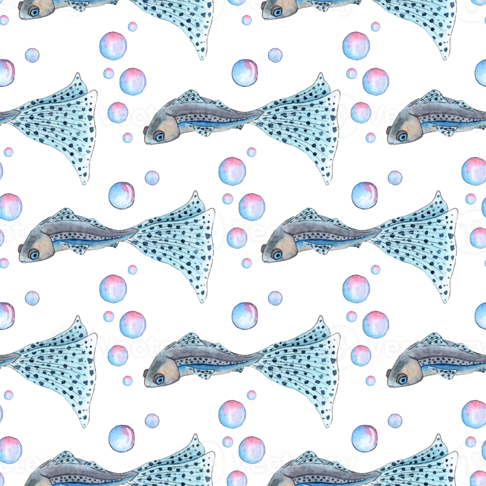 Watercolor illustration pattern of a small blue fish with a large beautiful spotted tail and bubbles. Seamless repeating print aquarium fish guppy. Sea life. Pet. Isolated. Drawn by hand. png