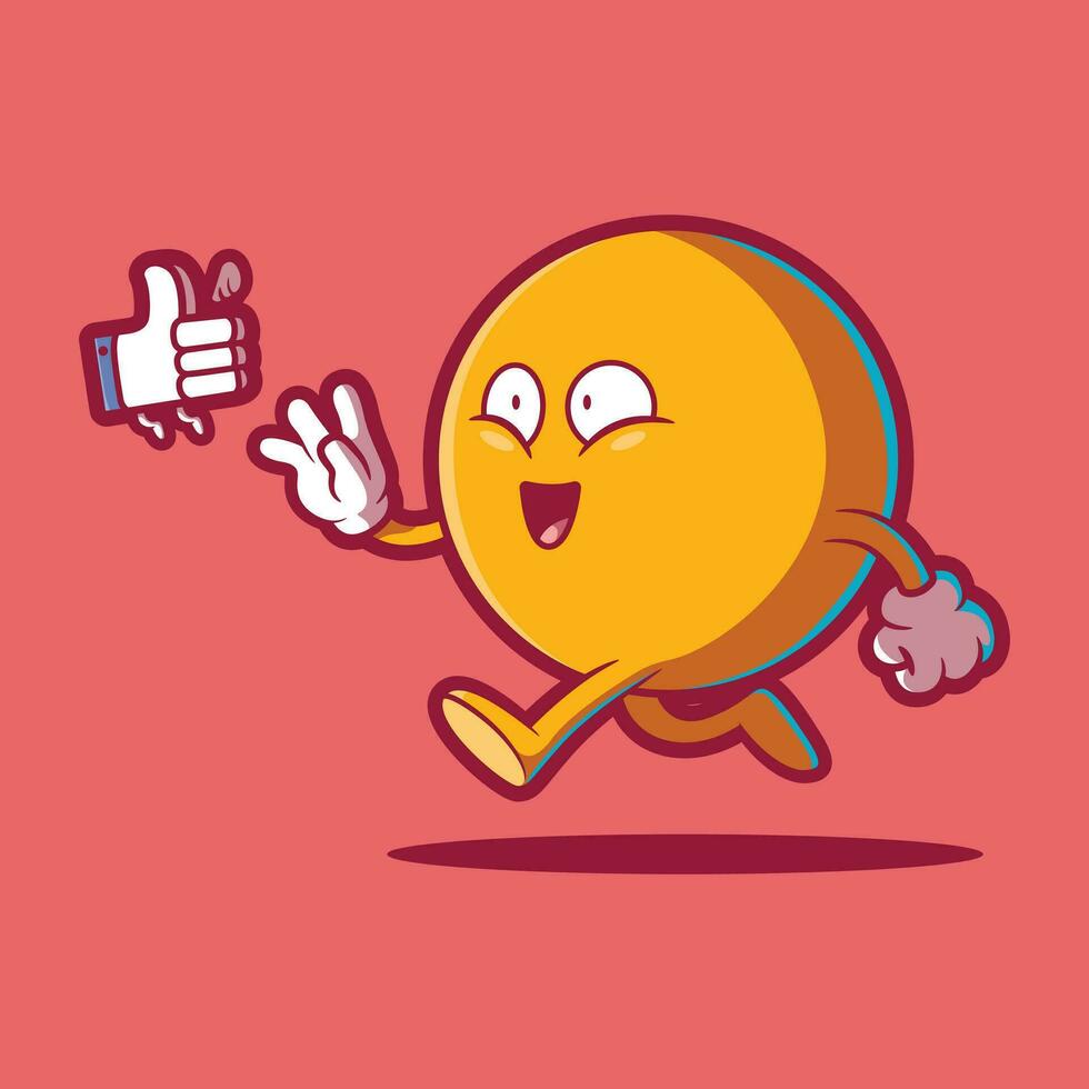 Emoji character running to catch a like icon vector illustration. Social media, tech, funny design concept.