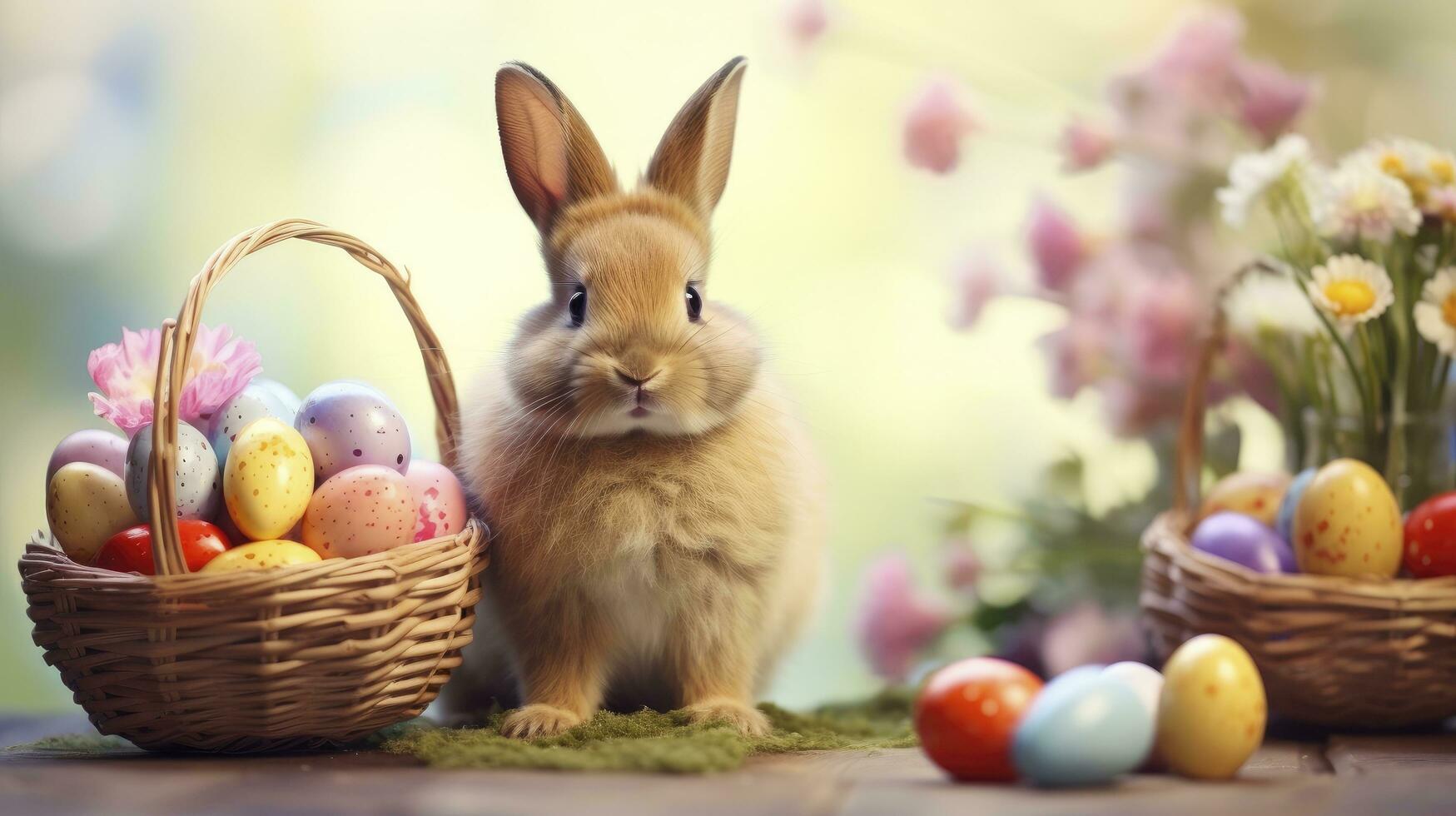 ai generado Pascua de Resurrección capricho, blanco de conejo cola emergente desde el agujero, contento Pascua de Resurrección día. foto