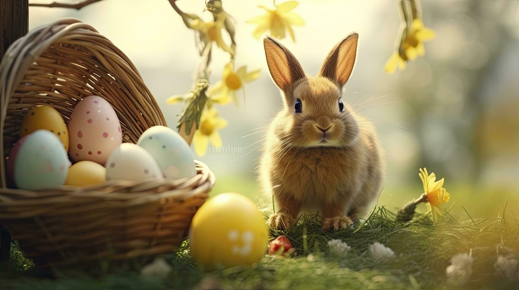 ai generado Pascua de Resurrección capricho, blanco de conejo cola emergente desde el agujero, contento Pascua de Resurrección día. foto