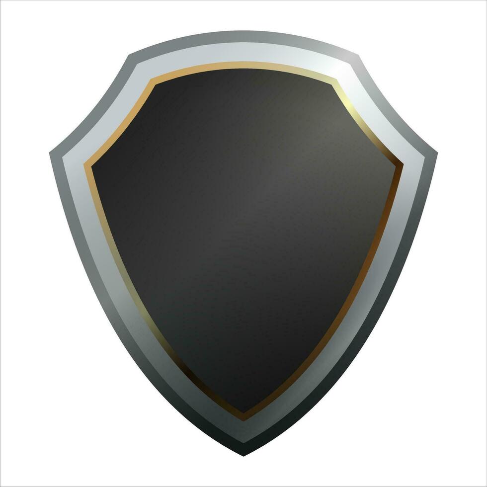Shield icon with shiny metal frame. Black protection, security and defence symbol. Medieval design element. Vector shield icon