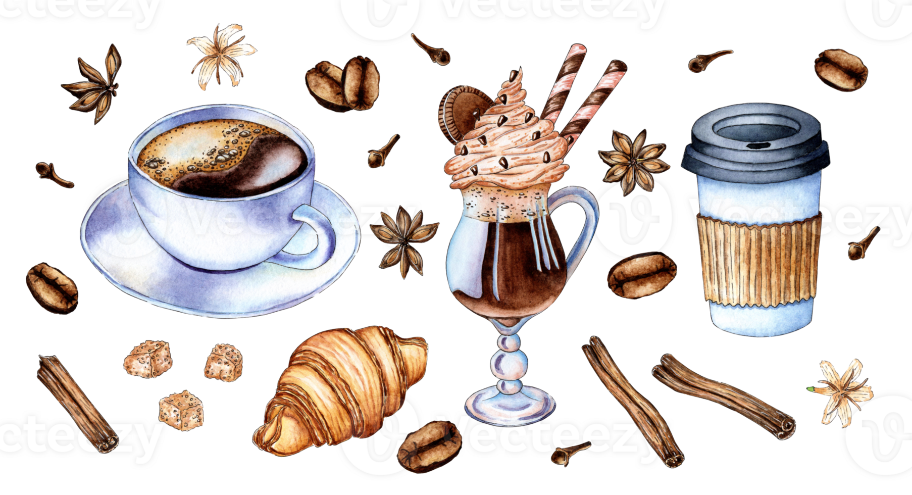 Set of watercolor painting coffee in a white cup with foam, cocktail with cream, takeaway coffee stanac and spices. Black coffee or cappuccino. Hot drink for breakfast. Coffee with milk and cream png