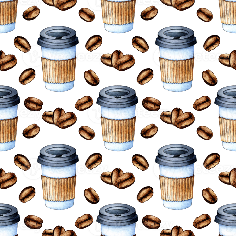 Watercolor painting pattern takeaway coffee cup and beans. A paper or plastic cup with a lid for coffee. Fast food. Menu decoration, signboards, shop windows, postcards, posters, wallpapers. Isolated png