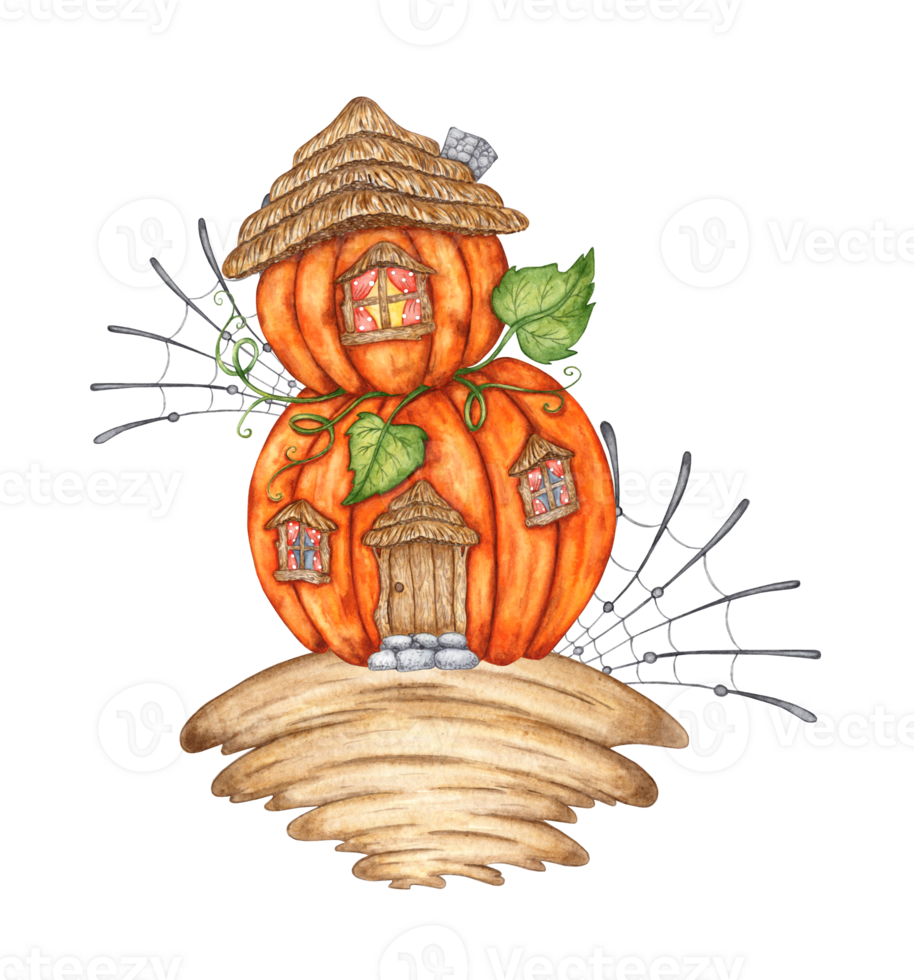 aquarelle illustration de un Orange citrouille maison avec une en bois porte, les fenêtres et toiles d'araignées. main peint l'automne Conte de fée maison dans le forêt. mignonne citrouille maison entouré par feuilles et les plantes. png