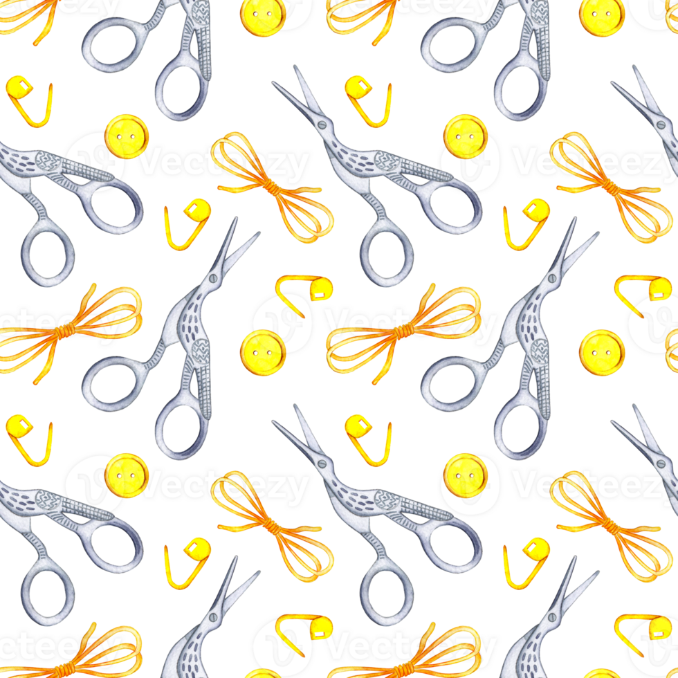 Watercolor illustrations of needlework scissors, pin, buttons and thread. Seamless repeating stork-shaped prinh scissors. Working tool of a tailor, needlewoman. Isolated png