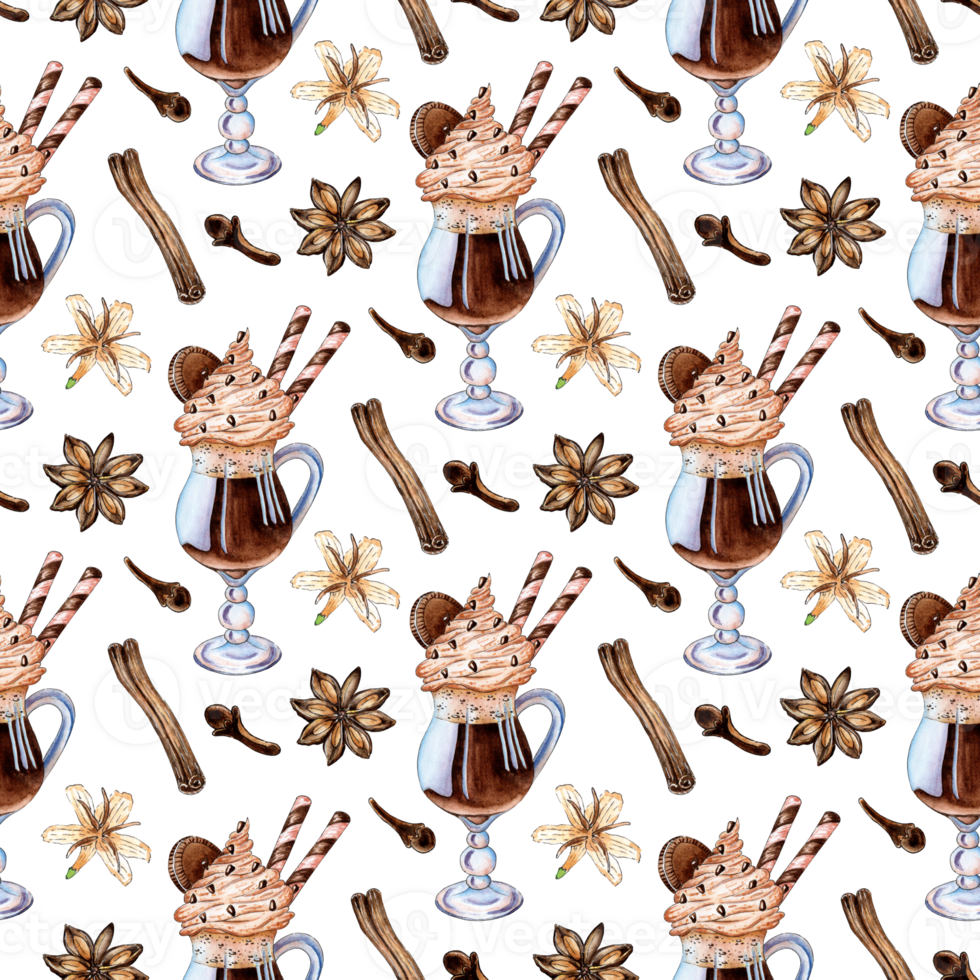 Watercolor painting pattern chocolate cocktail with cookies and straws and spices cinnamon, cloves. Coffee with milk and cream in a glass. Cocoa drink with cream and chocolate chips. Lunch at a cafe png