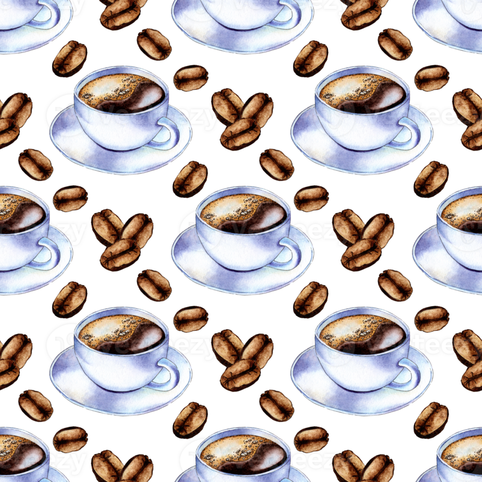 Watercolor pattern illustrations of white coffee cups and saucer and beans. Coffee in a white cup with foam. Black coffee or cappuccino. Hot drink for breakfast. Refreshing drink. Isolated png