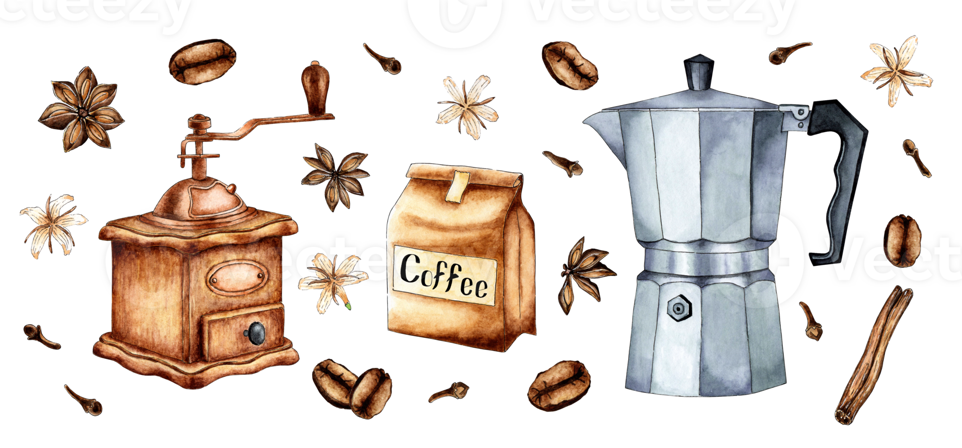 Set of watercolor painting craft package with coffee beans, coffee
