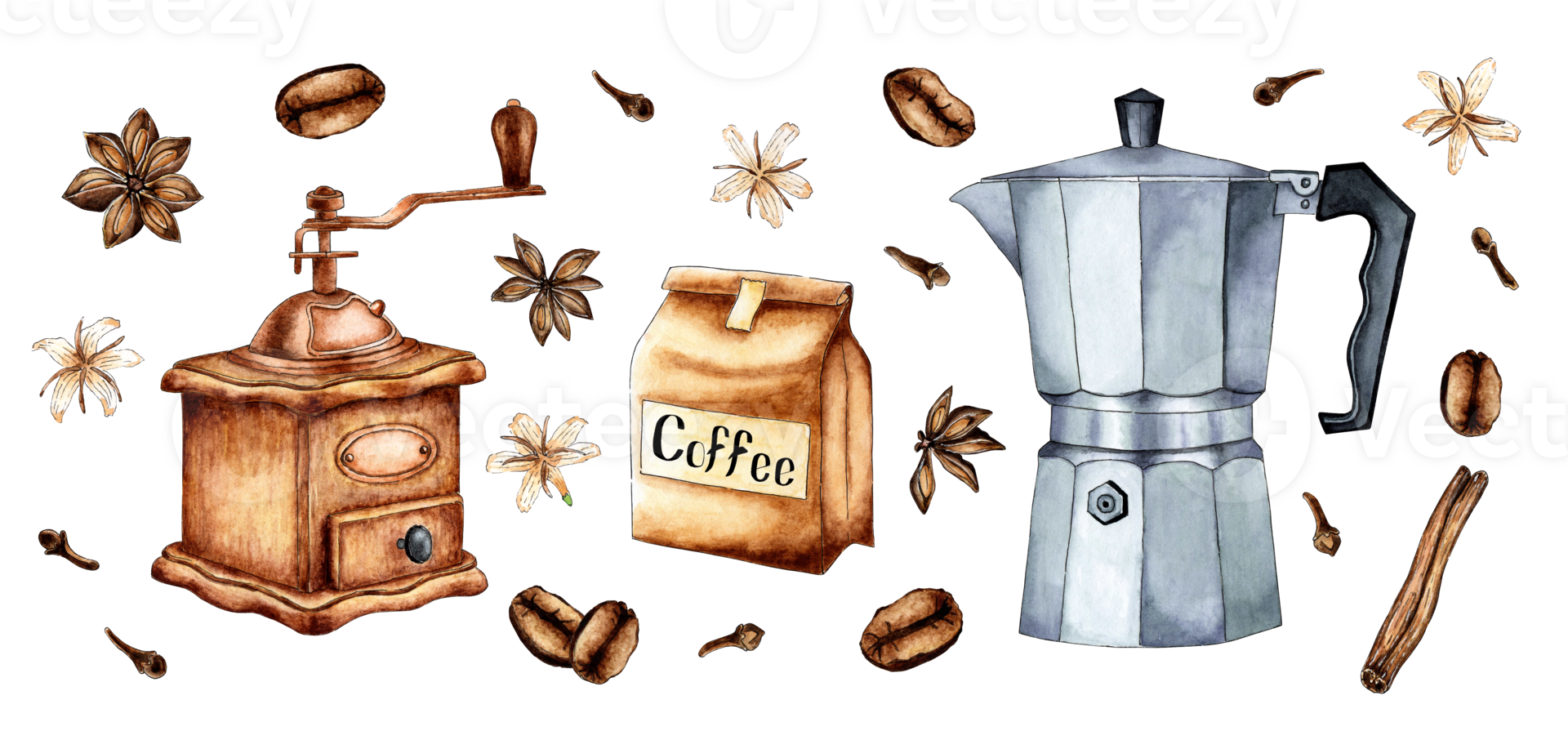 Set of watercolor painting craft package with coffee beans, coffee grinder, coffee maker and spices cinnamon, cloves. Black coffee or cappuccino. Hot drink for breakfast. Refreshing drink. Isolated png