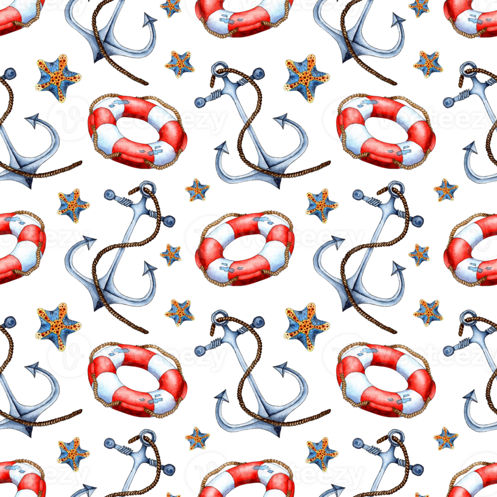 Aquarell Illustration von ein rot und Weiß Rettungsring Muster mit Seile auf Es, ein Anker und ein Seestern. nahtlos wiederholen Meer Reise drucken. isoliert . gezeichnet durch Hand. png