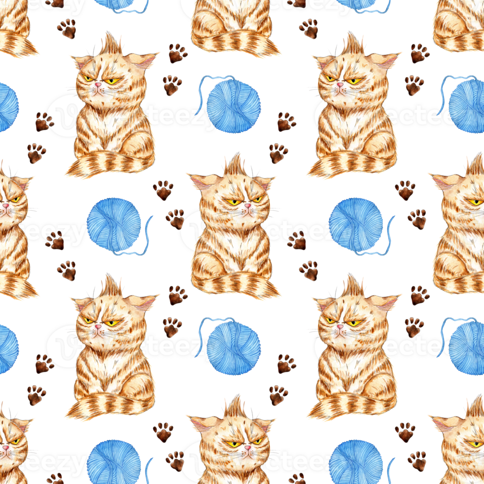 Watercolor illustration of a ginger kitten and a ball of yarn. Seamless repeat cat print with wool balls and paw prints. A toy for a cat. Knitting is a hobby. For children's textiles, wallpapers, png