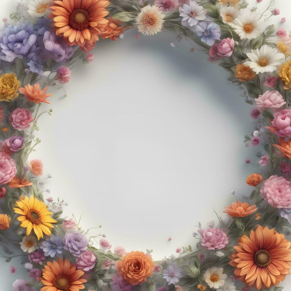 AI generated Ai Generative of Flowers and leaves circle frame with white background photo