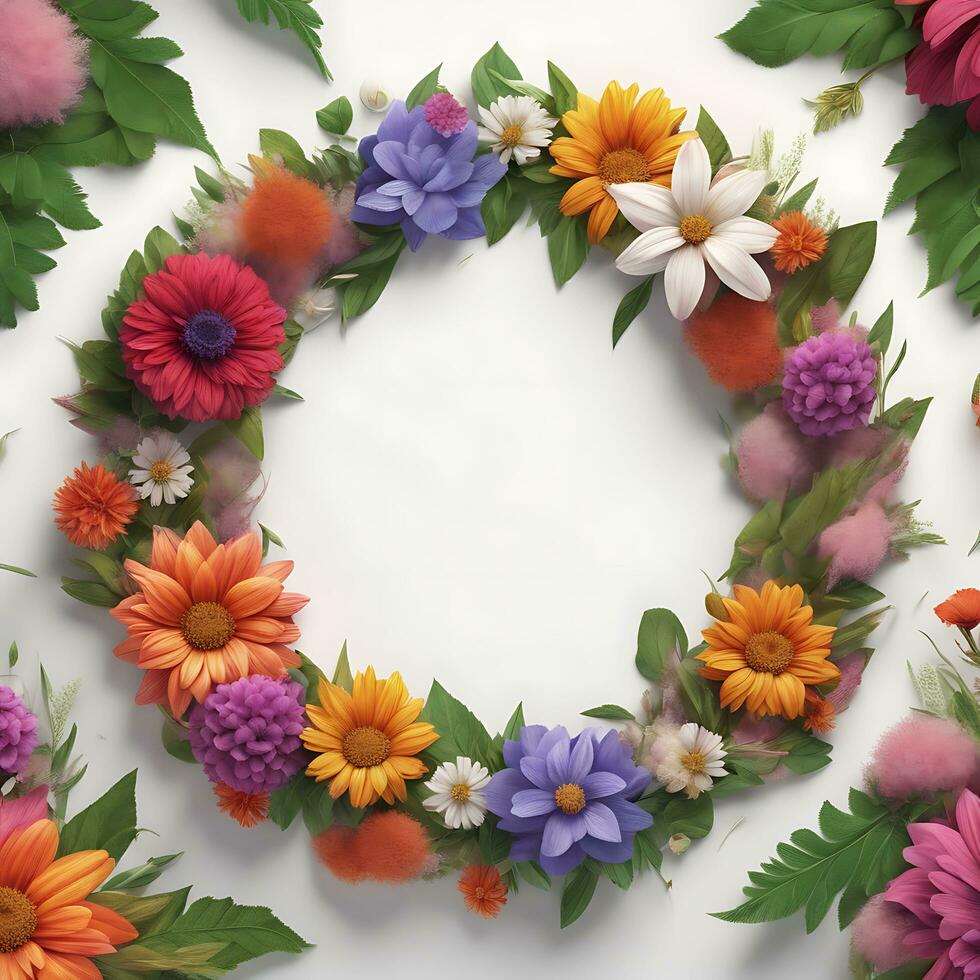 ai generado ai generativo de flores y hojas circulo marco con blanco antecedentes foto