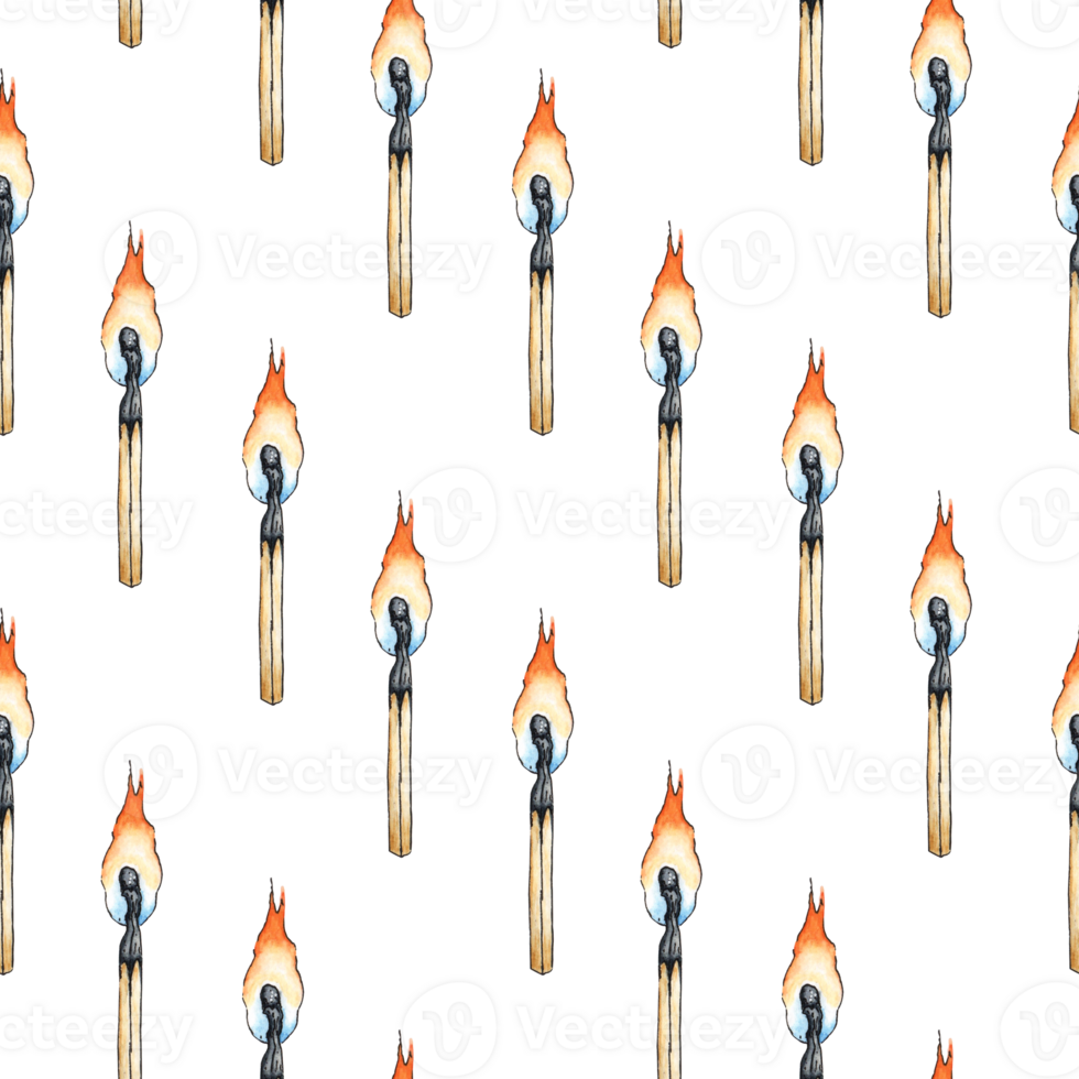 Watercolor illustration of a simple pattern of a burning match. Get the flame. Light the fire. Burnt wooden stick. Hand drawn doodles. Isolated . Drawn by hand. png