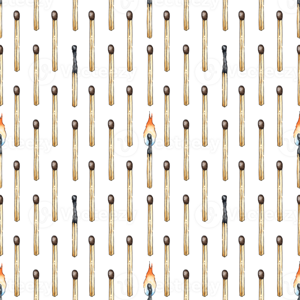 Watercolor illustration of vertical matchstick pattern. Get the flame. Light the fire. Burnt wooden stick. Hand drawn doodles. Isolated . Drawn by hand. png