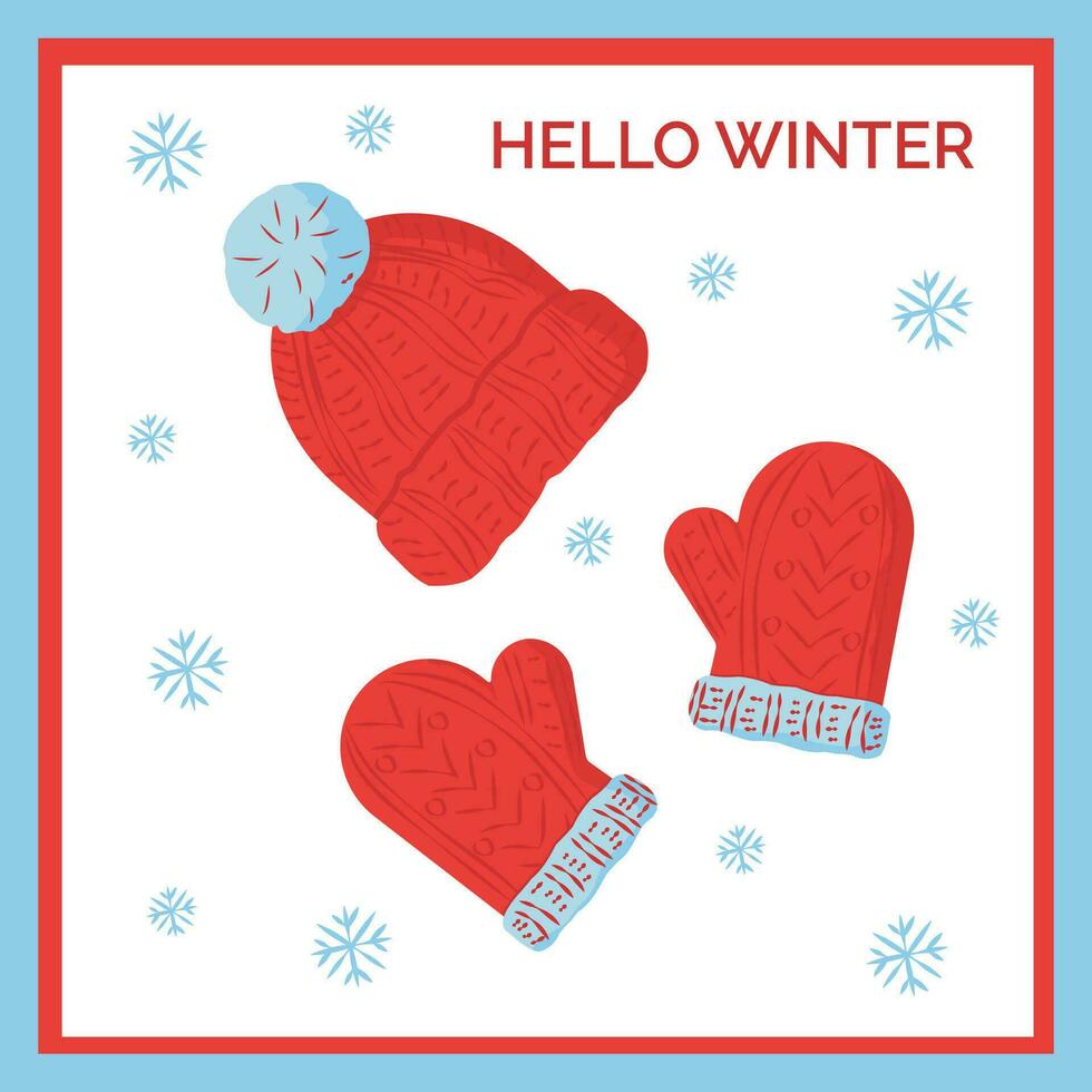 Navidad tarjeta con de punto sombrero y mitones en copos de nieve vector