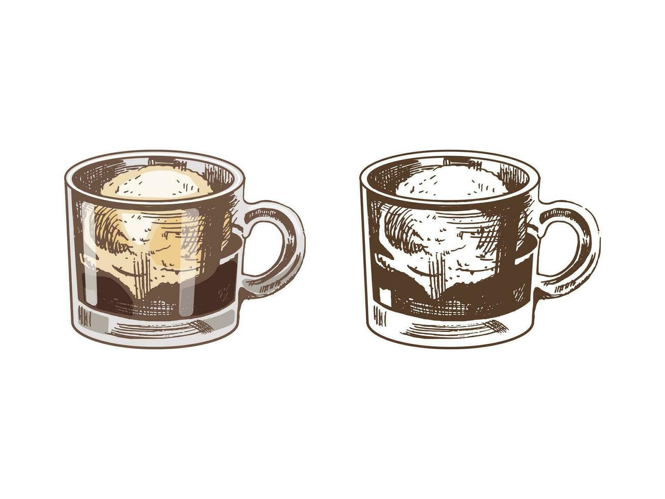 un dibujado a mano de colores y monocromo bosquejo de affogato café con hielo crema en un vaso taza. Clásico ilustración, garabatear. elemento para el diseño de etiquetas, embalaje y postales vector